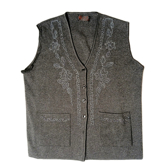 Y2K Vintage Beaded Vest Sweater Sz M Gray Boho Granny Retro Holiday Layer Preppy - Picture 2 of 16